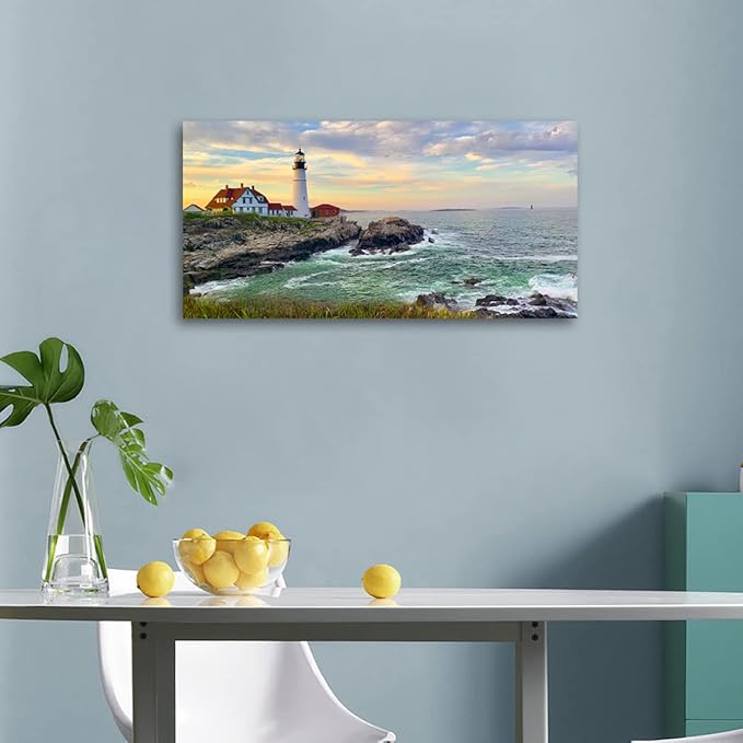 tigeridge Sunset Lighthouse Canvas Wall Art for Living Room Wall Decor Sunset Seascape Pictures Ocean Prints Nature Artwork Office Home Wall Decorations Framed Ready to Hang 24" x 48"