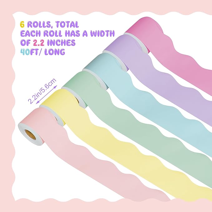 240 Ft Pastel Bulletin Board Borders Colorful Classroom Borders Scalloped Border Trim Pastel Bulletin Board Decorations for Classroom Chalkboard Home Wall Office Decoration, 6 Rolls