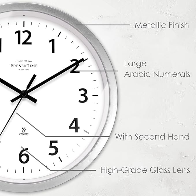 Presentime & Co 12" Atomic Wall Clock, Silent no Ticking, Automatically Sets Itself and Adjust to Daylight Saving Time by WWVB - Faux Stainless Steel Finish. (Home Office)