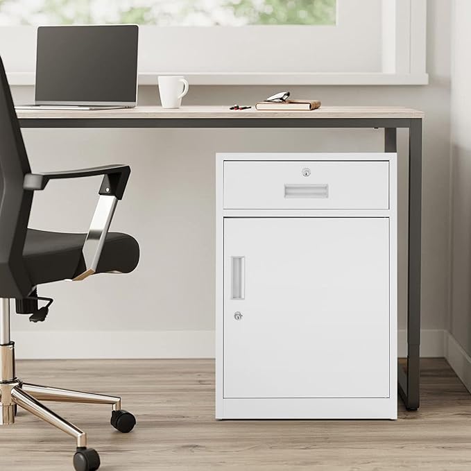 Metal Storage Cabinet with Lock, Under Desk Office Cabinet, Vertical File Cabinet, Printer Stand, Locking Filing Cabinet for Home Office, White