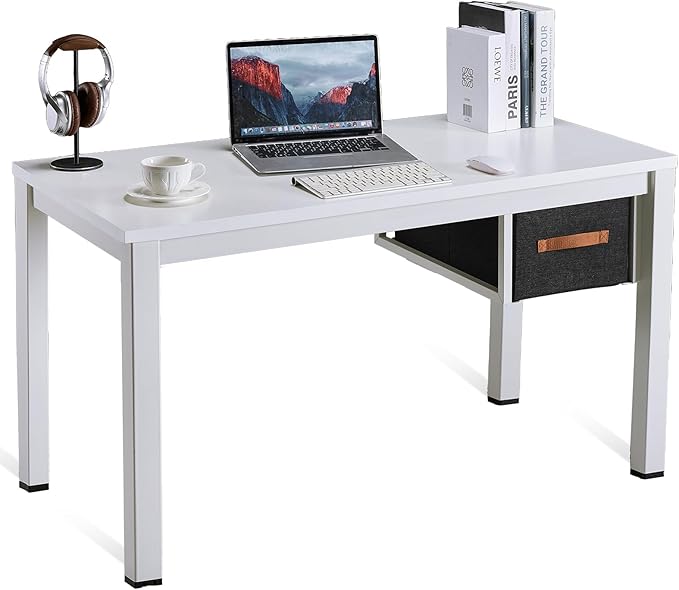 White Computer Desk with Drawer, 47 Inch Home Office Work Desks, Modern Writing Study PC Desk Gaming Table for Small Place Bedroom, Thickened Tabletop and Stable Metal Frame Leg Support