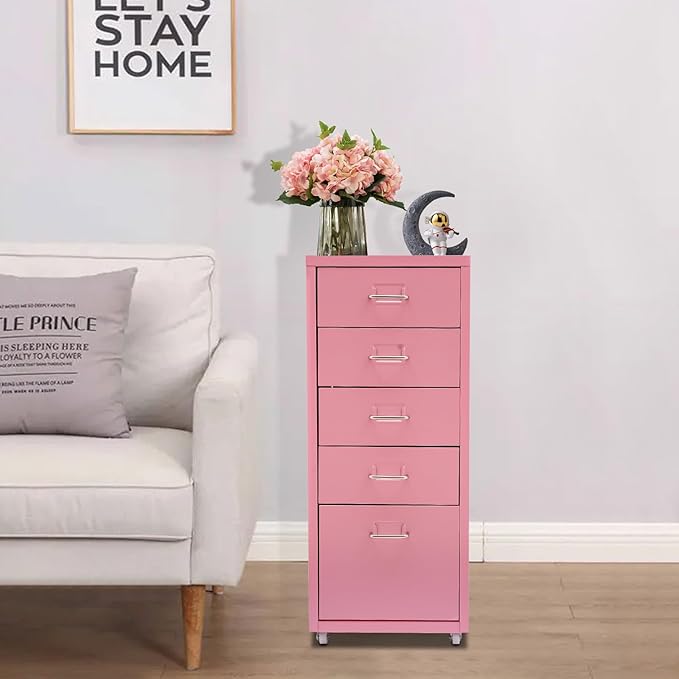 Metal Storage Cabinet with Wheels, 5 Drawers Mobile Filing Cabinet Under Desk Organizer Unit for Home Office