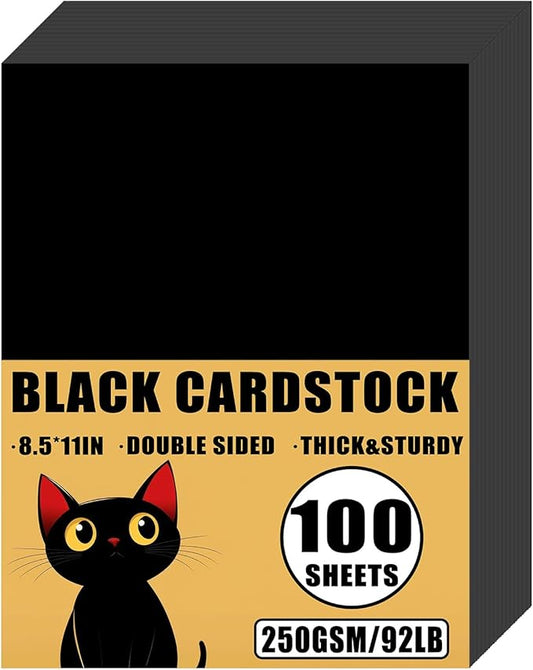 100 Sheets 92lb Black Cardstock, 8.5" x 11", Thick Black Paper DIY Craft Blank Invitation Halloween Supply, 92LB Cover 250 GSM