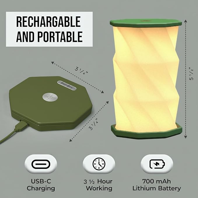 Origami Expanding Foldable LED Desk Lamp – USB Rechargeable & Portable - Dimmable Touch Control Light with Adjustable Height up to 5 1/2 for Office, Travel, Bedside - Sleek & Modern Design (Olive)