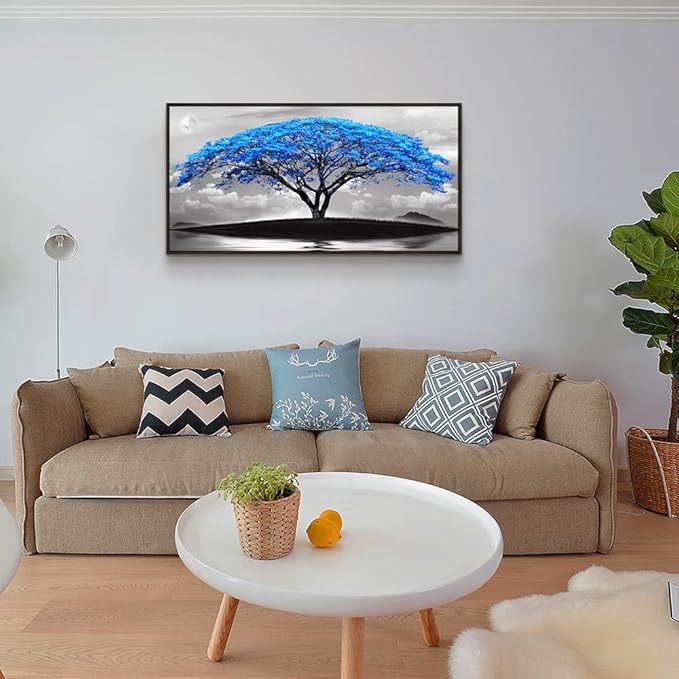 Framed Canvas Wall Art For Office Large Size Living Room Wall Decor Bedroom Decor Pictures Artwork Black And White Landscape Blue Tree Moon Wall Painting Home Decorations Black Frame 24" X 48"