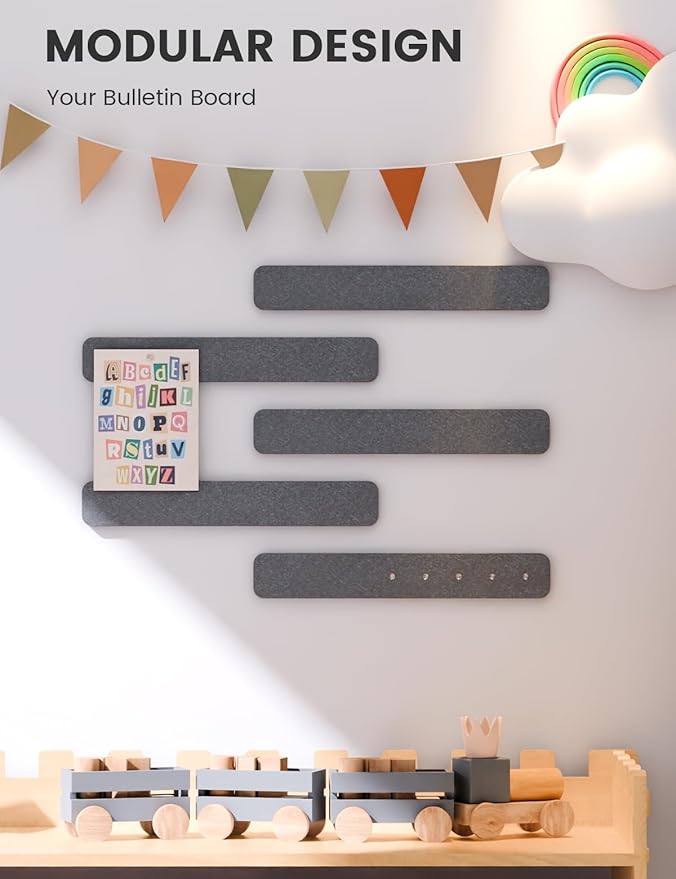 Fluxynara Cork Board Alternative Felt Strip Board 5-Pack 13"x2", Office Pin Board with 35 Push Pins, Adhesive Install for Bedroom Door & Home Office(Charcoal Gray)