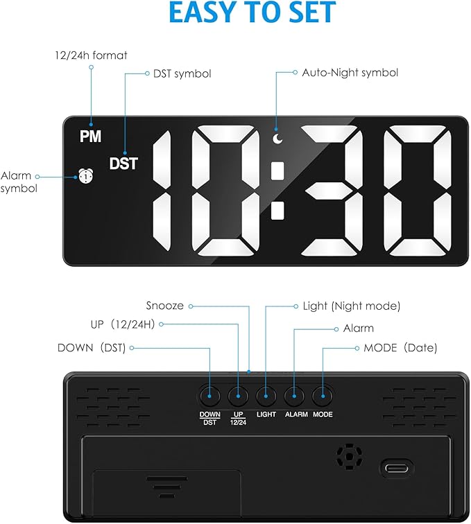 AMIR Digital Alarm Clock, Upgraded Small Digital Clock, Digital Clock Large Display, Dimmable Snooze DST 12/24H, Desk Clock for Home School Office