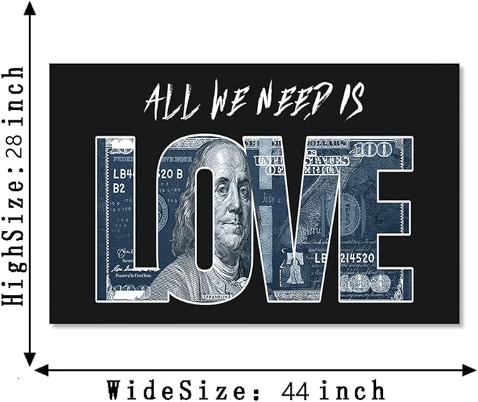 Inspirational Money Dollar Canvas Paintings Wall Art All We Need Is Love (Money) Artwork Modern Home Decor Motivational Framed Office Art Easy to Hang-28x44 inches