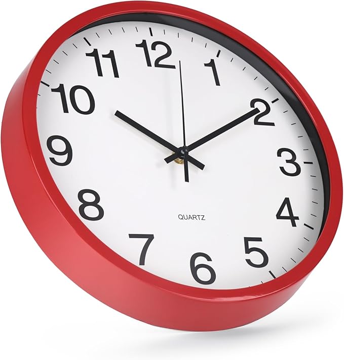 Wall Clock Non-Ticking Silent Quartz Movement Decor Clock Modern Simple Style Round Plastic Wall Clocks for Home/Office/School/Living Room/Bedroom/Kitchen (Red, 12 Inch)
