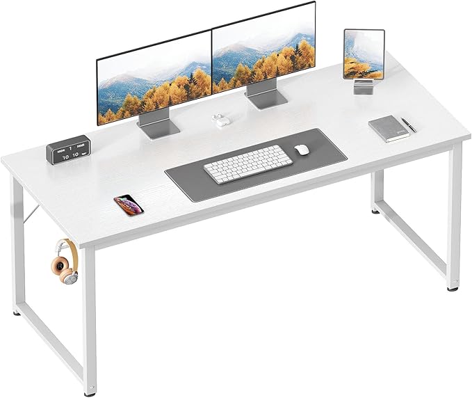 Casaottima 54 Inches Small Computer Desk, Work Study Table for Home Office, Kids Student Writing Desk with Headphone Hooks, White