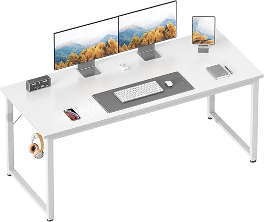 Casaottima 54 Inches Small Computer Desk, Work Study Table for Home Office, Kids Student Writing Desk with Headphone Hooks, White