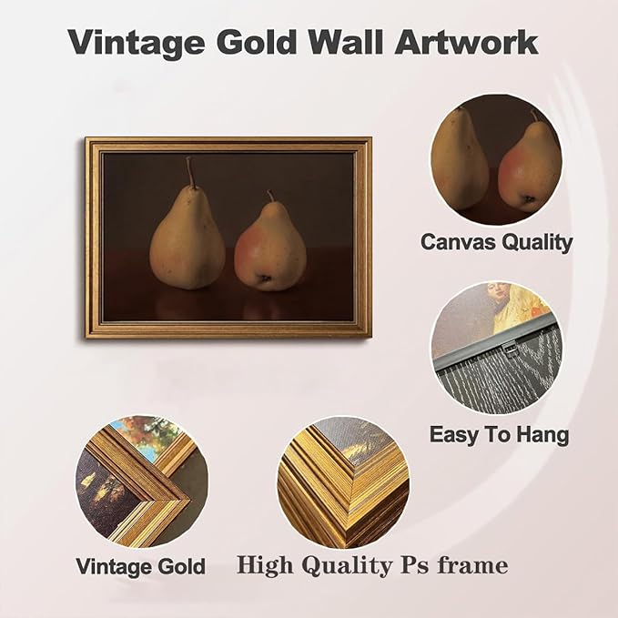 Gold Framed Wall Art Vintage Canvas Wall Art Pear Fruits Shelf Decor for Kitchen Artwork Prints Picture for Living Room Bedroom Farmhouse Bathroom Office Decor, 16x24