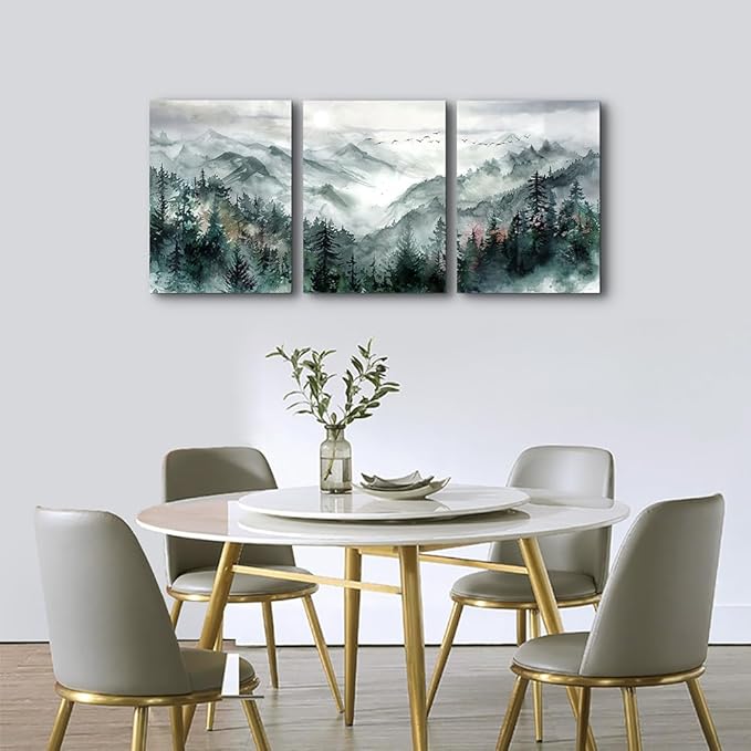 TTHYUEWS Wall Decor For Living Room 3 Piece Canvas Art Prints Wall Art For Bedroom Office Decor Mountain Forest Landscape Wall Pictures Watercolour Paintings Artwork Ready To Hang Home Decoration