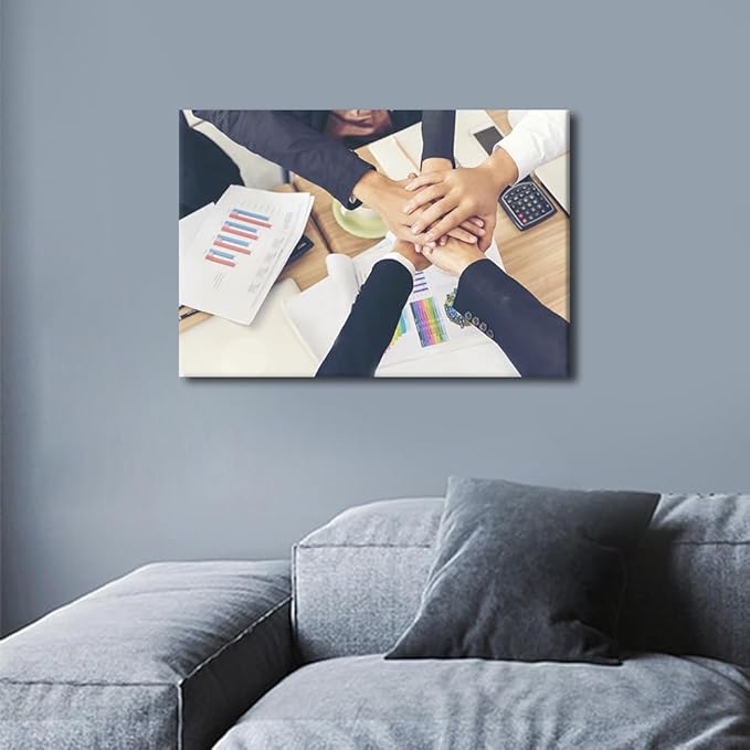 1 Panel Canvas Wall Art Hands Stack of Teamwork Holding Hands Together Over Conference Table Modern Decor Poster Canvas Print Frame Ready To Hang (12"Wx18"H)