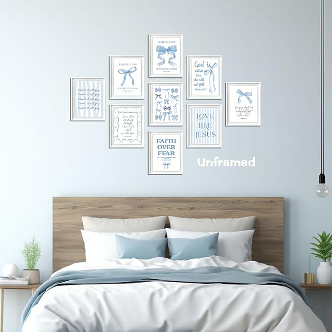 Blue Bows Jesus Bible Canvas Wall Art Set of 9, Coquette Trendy Preppy Aesthetic Girl Posters Prints Wall Decor, Christian scripture Lovers Gifts for Home Decor Living Room Bedroom 8x10In Unframed