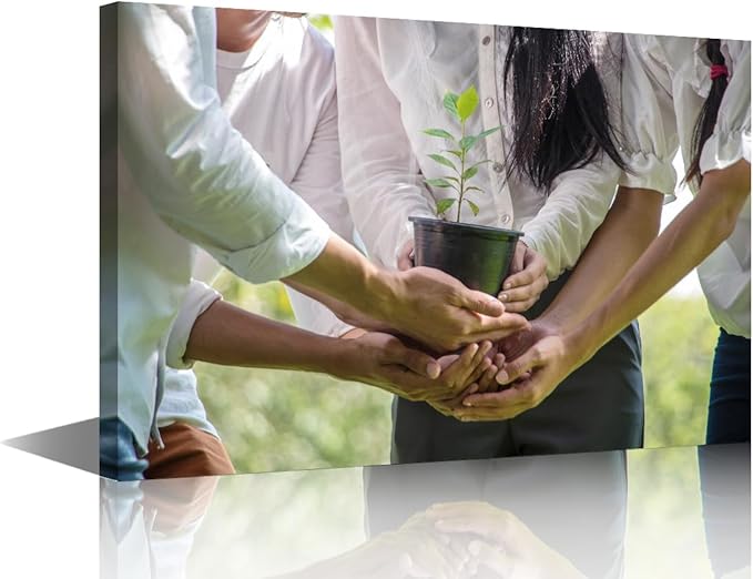 1 Panel Canvas Wall Art A Group Of People Holding Potted Plants In The Park Teamwork Concept Pictures Modern Decor Poster Canvas Print Frame Ready To Hang (12"Wx18"H)