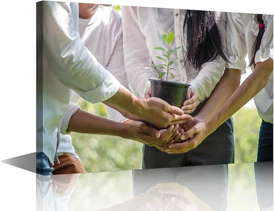 1 Panel Canvas Wall Art A Group Of People Holding Potted Plants In The Park Teamwork Concept Pictures Modern Decor Poster Canvas Print Frame Ready To Hang (12"Wx18"H)