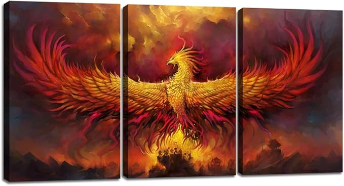 Yetaryy Fantasy Wall Art Canvas Prints Golden Red Burning Phoenix Volcanic Ancient Mystic Animal Birds Living Room Bedroom Home Decor Wall Decoration 3 Panels Wood Framed Poster - 48" W x 24" H