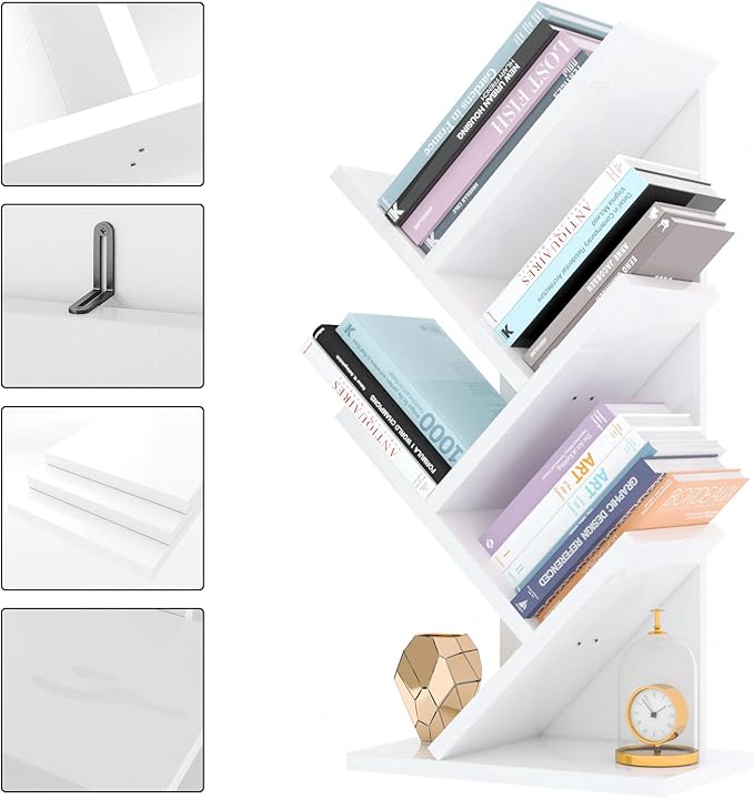 YMYNY 4 Tier Tree Bookshelf, Small Bookcase, Modern Wood Book Storage Rack, Freestanding Book Shelf for Books/Movies/CDs, Narrow Display Rack for Living Room, Home Office, White UHBC014W
