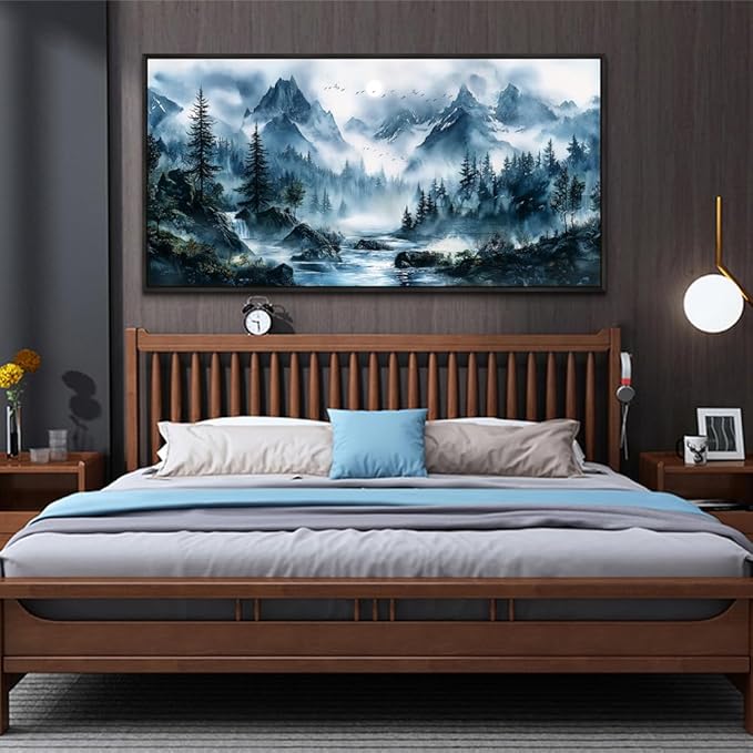 ERQINHUA Large Wall Decor For Bedroom Black Framed Canvas Wall Art For Living Room Office Decorations Misty Forest Wall Paintings Tree Landscape Pictures Artwork Modern Home Decor 30x60 Inches