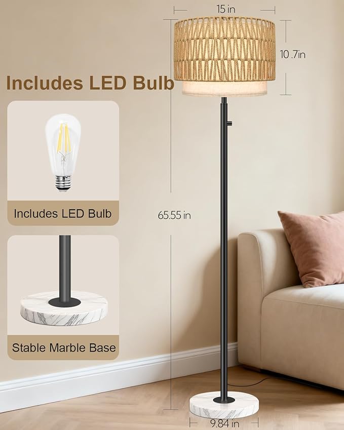 Floor Lamps for Living Room–LED Bulb Included,Dimmable Floor Lamp with Linen Shade,Modern Standing Lamp with Marble Base,Tall Floor Lamp for Bedroom,Nursery,Reading & Office,Beige
