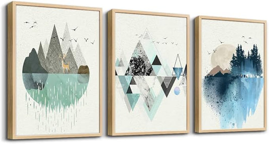 Natural Wood Framed Wall Art for Living Room and Bedroom - Large Abstract Geometry Pictures - Office Decor - 3 Piece Framed Art Prints