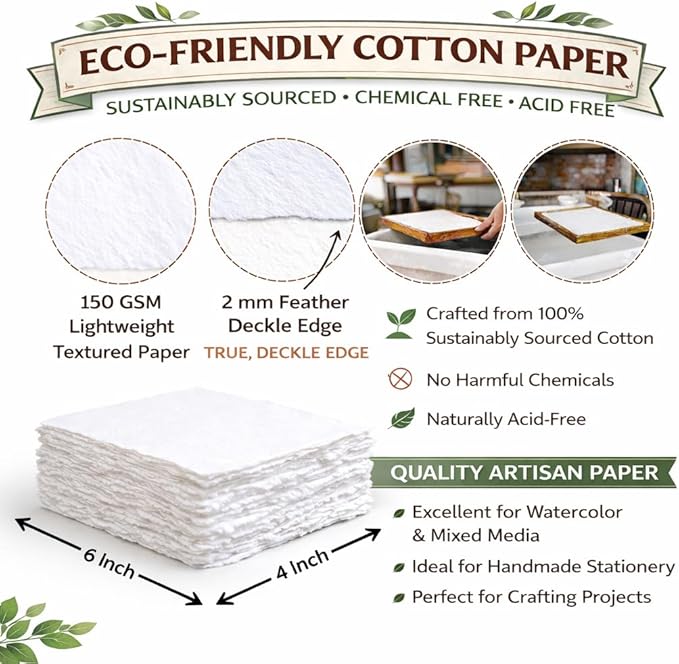 Handmade White Deckle Edge Blank Paper - 4x6 Inch Package of 50 - Mixed Media Loose Leaf Paper for Postcards, Invitations, Crafts and Announcements - Thick 150 GSM