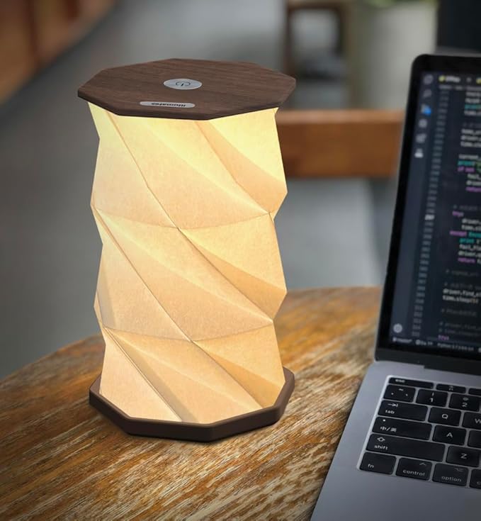 Origami Expanding Foldable LED Desk Lamp – USB Rechargeable & Portable - Dimmable Touch Control Light with Adjustable Height up to 8.25" for Office, Travel, Bedside & Modern Design (Wood Grain)