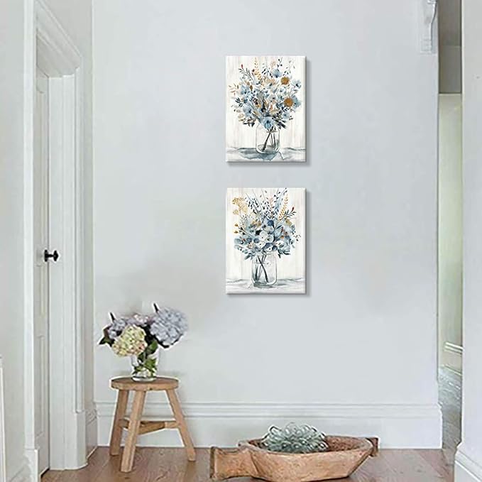 Hardy Gallery Floral Canvas Wall Art Prints: Abstract Blossom Flower Bouquet in Glass Bottle Picture Print on Canvas Small Size for Dining Room (12'' x 16'' x 2 Panels)