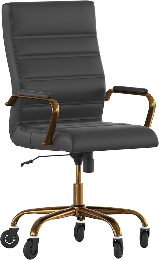 Flash Furniture Whitney High Back Black LeatherSoft Executive Swivel Office Chair with Gold Frame, Arms, and Transparent Roller Wheels