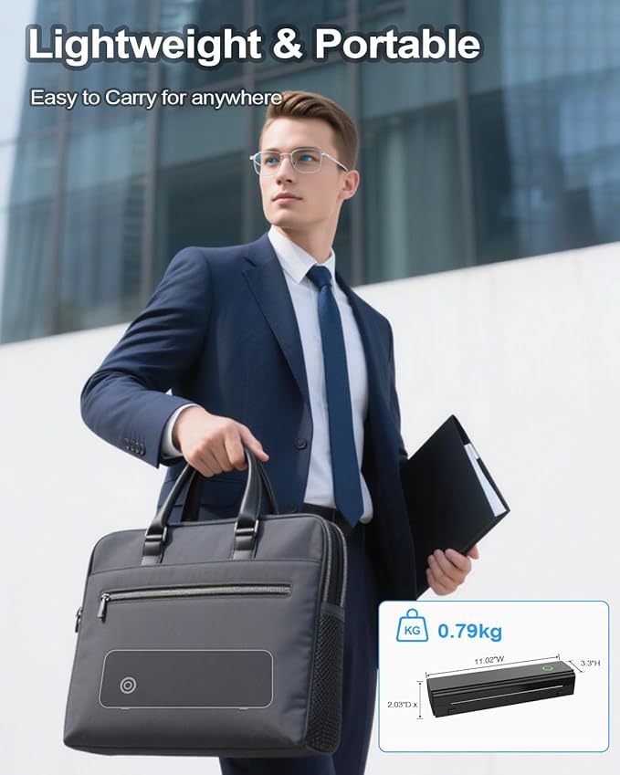 Portable Printers Wireless for Travel, Bluetooth Thermal Printer Supports 8.5" x 11" US Letter & A4 Size, Inkless Mobile Printer Work with Android iPhone Laptop for Home Office School, Black