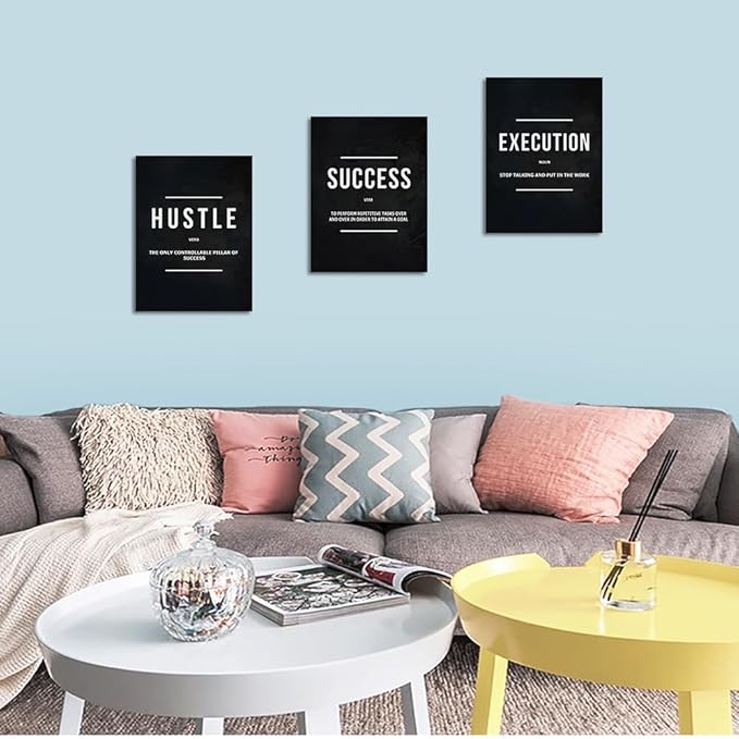 Unbruvo Hustle Success Execution Wall Art for Office, Inspirational Motivational Wall Decor, 3 Pieces Positive Quotes Canvas Wall Art for Entrepreneur Living Room Bedroom(36''Wx 16''H)