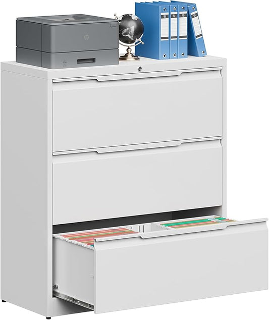 Coolsun Metal File Cabinet with Lock, 3 Drawer File Cabinet for Home Office, Lockable Lateral Filing Cabinet for A4/F4/Lagel/Letter Assembly Required (White, 3 Drawer Lateral)