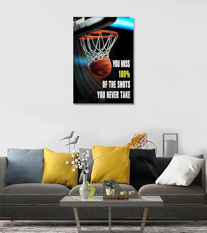 Motivational Canvas Wall Art You Miss 100% of The Shots You Never Take Poster Basketball Art Prints Modern Inspirational Pictures for Home Office Decor Frame Easy to Hang - 36x24 inch