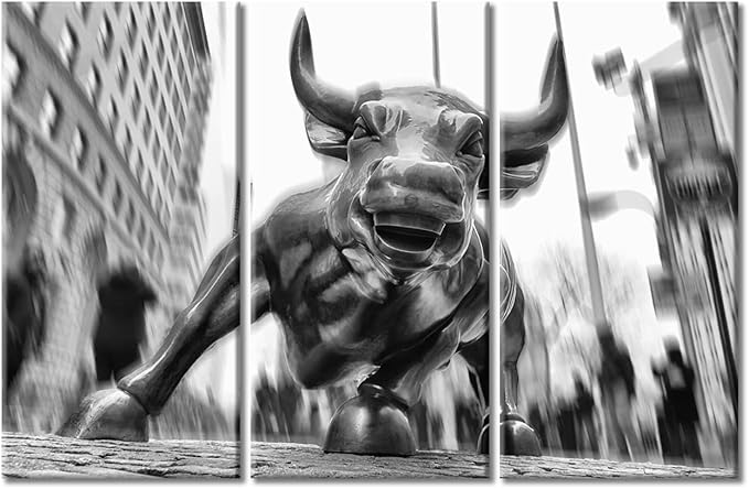 TUMOVO Black and White Wall Art 3 Panels Charging Bull Picture Print on Canvas Art for Home Bedroom Living Room Office Decor Modern Artwork With Wood Framed Ready to Hang - 42" Wx28 H