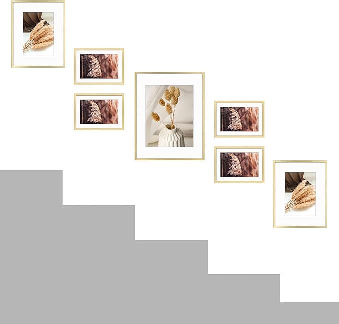 Golden State Art, Aluminum Gallery Wall Frame Set of 7 - Includes One 11x14, Two 8x10, and Four 5x7 - Metal Frames with Mat & Real Glass Cover for Elegant Home or Office Decor (Style 2, Gold)
