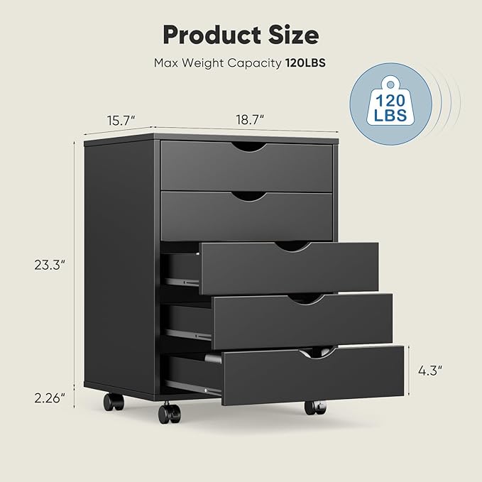 NEWBULIG 5 Drawers Mobile File Cabinet Under Desk Storage with Wheels Office Filing Cabinets Small Wooden Rolling Chest of Dawers for Home Office Black