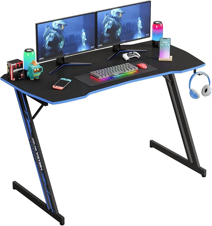 PayLessHere | 47" Gaming Table | Blue | Z-Shaped Computer Desk with Steel Frame, Headphone Hook, Adjustable Feet | Carbon Fiber Texture Surface, Sweat & Waterproof | for Gaming, Home Office