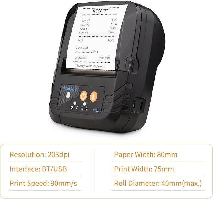 Mini Portable Receipt Thermal Printer 80mm Receipt Printer USB+Wireless BT Connection for Office/Market Compatible with Windows/Android/iOS