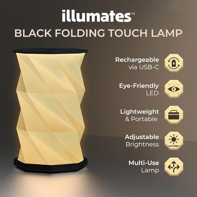 Origami Expanding Foldable LED Desk Lamp – USB Rechargeable & Portable - Dimmable Touch Control Light with Adjustable Height up to 8.25" for Office, Travel, Bedside & Modern Design (Wood Grain)