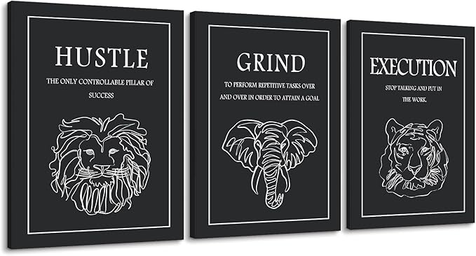 3 Panel Grind Hustle Execution Wall Art - Black & White Motivational Wall Decor Office Pictures Artwork Inspirational Quote Canvas Prints for Living Room Gym Home, Framed & Ready to Hang 20"x28"x3