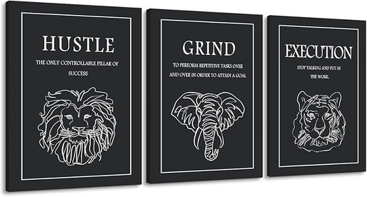 3 Panel Grind Hustle Execution Wall Art - Black & White Motivational Wall Decor Office Pictures Artwork Inspirational Quote Canvas Prints for Living Room Gym Home, Framed & Ready to Hang 20"x28"x3