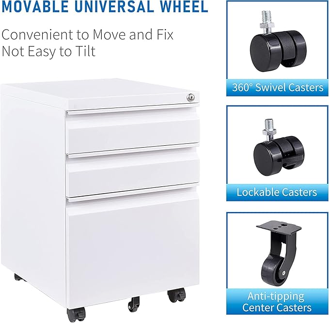 Mobile Filing Cabinet,3 Drawer Mobile File Cabinet with Lock,for Legal/Letter/A4 Documents,Home Office Storage Dresser Cabinet (White)