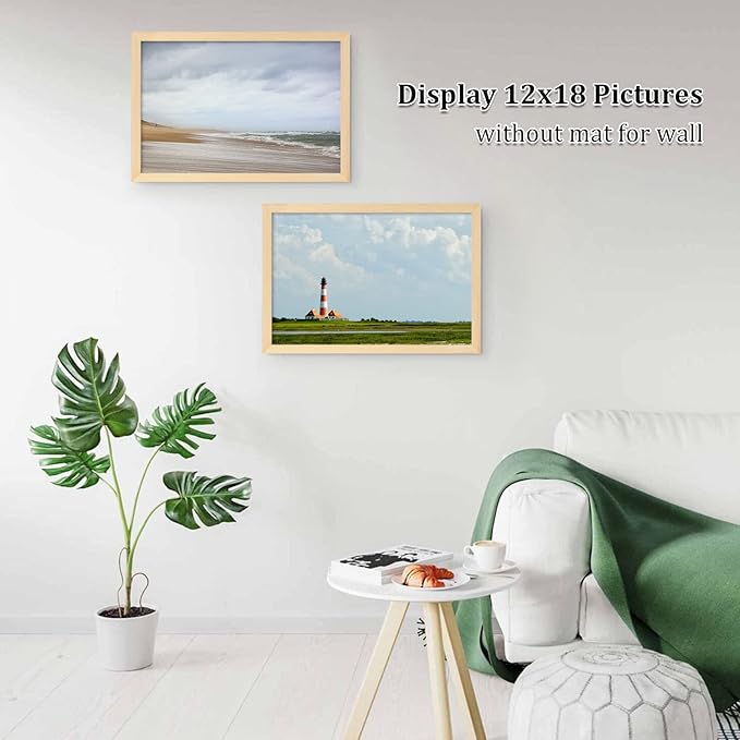 Egofine 12x18 Poster Frame Set of 2 Solid Wood Frame with Plexiglass Matted for 8.5x11 for Wall Mounting Hanging Picture Frame Vertically or Horizontally, Natural Wood