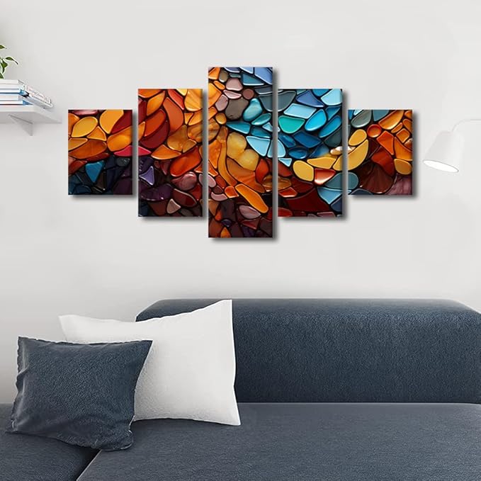Modern Wall Art Colorful Abstract Canvas Wall Art Decor Mosaic Style Pattern Prints on Canvas 5 Panel Canvas Poster Art for Men Lady Living Room Decoration Stretched Ready to Hang 60x32 in