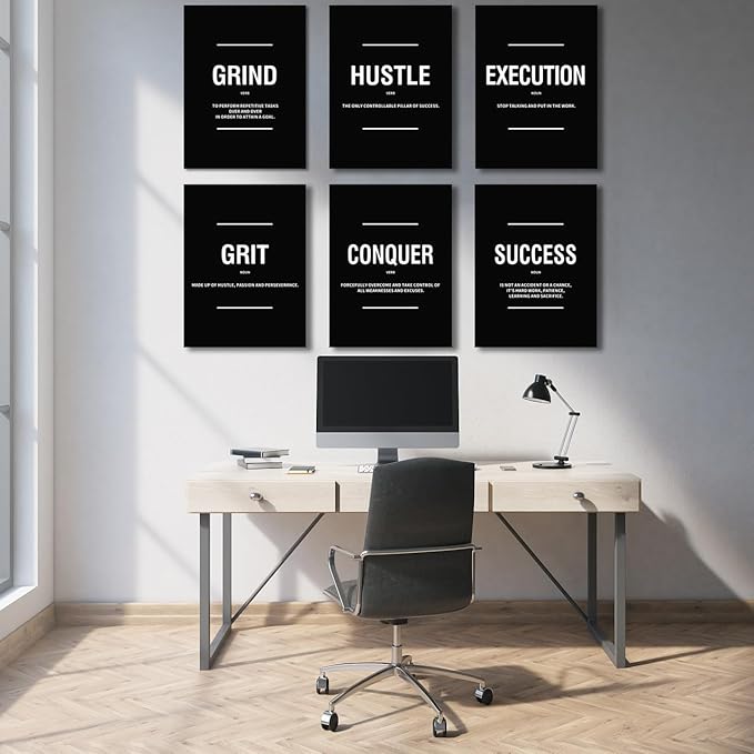 COSCTOR Set of 6 Motivational Wall Art Picture Decor Grind Hustle Execution Grit Conquer Success Canvas Framed for Office Bedroom Inspirational Workplace Posters Black and White Paintings Ready to Hang(Framed,12x16)