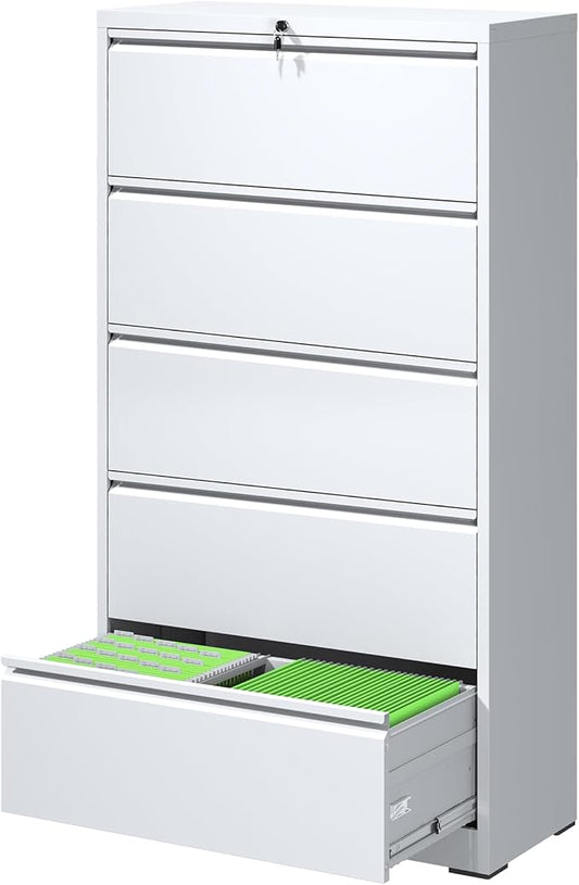 5 Drawer Metal Office Storage Filing Cabinet with Lock, White Lateral File Cabinet for Home Office, Horizontal Locking for Legal/Letter/A4, Assembly Required