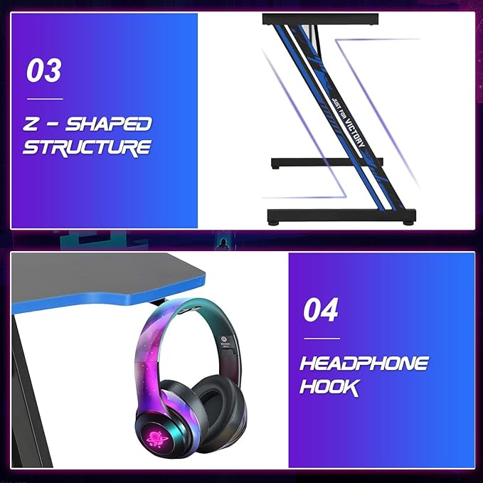 BestOffice Gmaing Desk Z Shaped 47 inch Gaming Workstation Ergonomic Gaming Table PC Computer Desk with Headphone Hook for Game Players, Blue