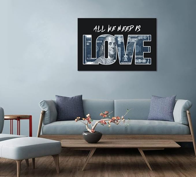 Inspirational Money Dollar Canvas Paintings Wall Art All We Need Is Love (Money) Artwork Modern Home Decor Motivational Framed Office Art Easy to Hang-24x36 inches