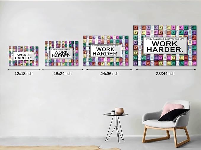 Work Harder Motivational Office Art Abstract Creative Money Background Wall Pictures Modern Home Office Decor HD Print for Guest Room Rest Room Decor, Framed 16" Wx12 H